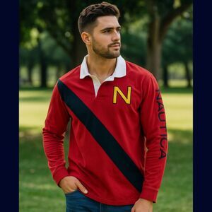 Nautica Rugby Long Sleeve Polo Shirt Mens XL Y2k Color Block Boating Old Money